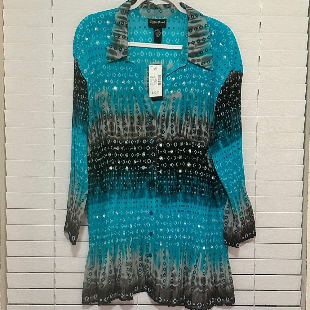 Maggie Barnes 4X Teal Tie Dye Sequin Pleated Button Up Tunic Top NWT